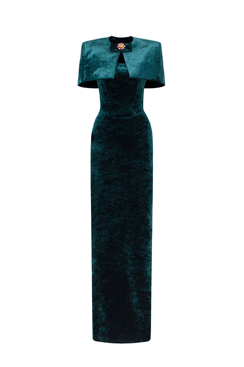 Strapless Column Gown With Mini Cape In Dark Green Grain Velvet