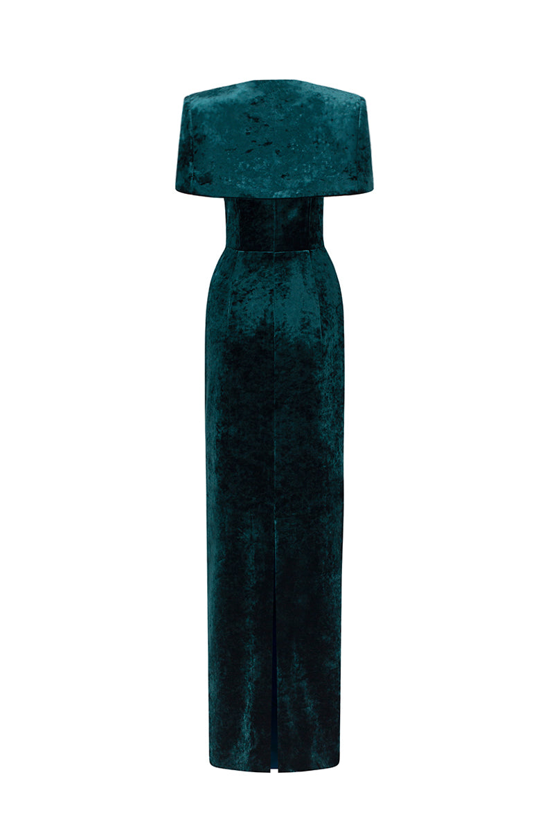Strapless Column Gown With Mini Cape In Dark Green Grain Velvet