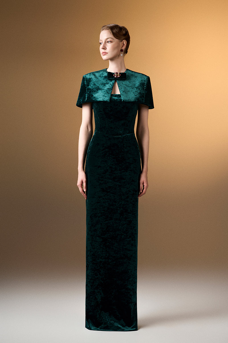 Strapless Column Gown With Mini Cape In Dark Green Grain Velvet