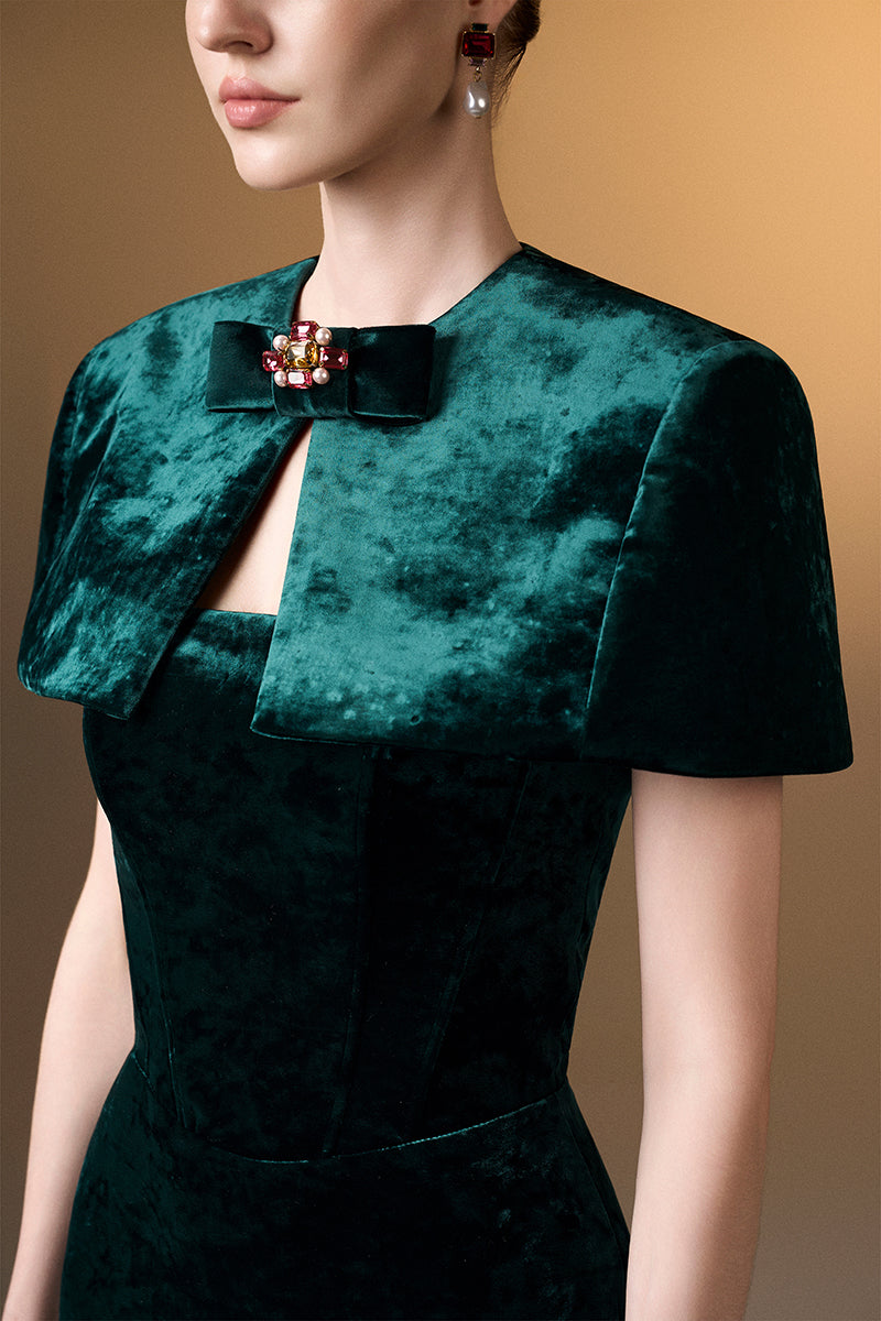 Strapless Column Gown With Mini Cape In Dark Green Grain Velvet