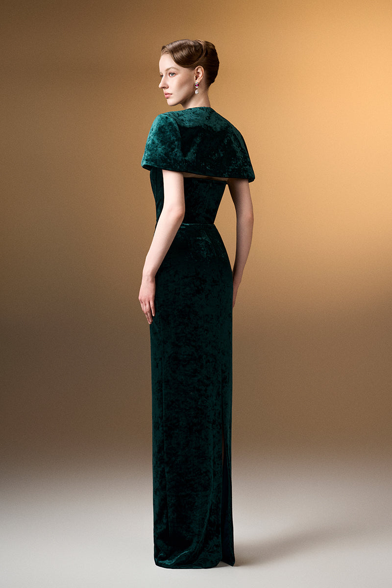 Strapless Column Gown With Mini Cape In Dark Green Grain Velvet