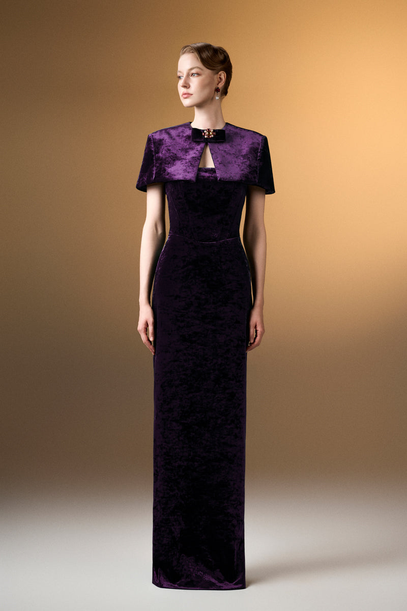 Strapless Column Gown With Mini Cape In Dark Purple Grain Velvet