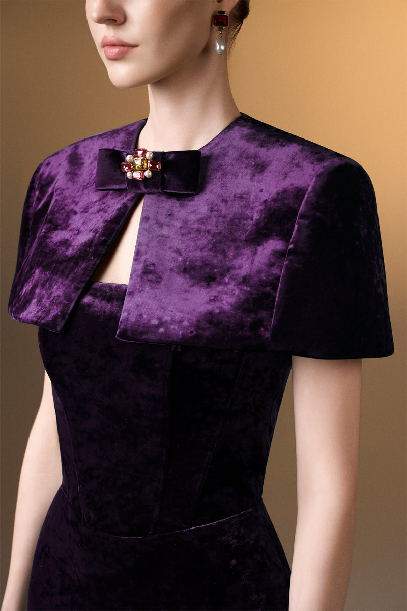 Strapless Column Gown With Mini Cape In Dark Purple Grain Velvet