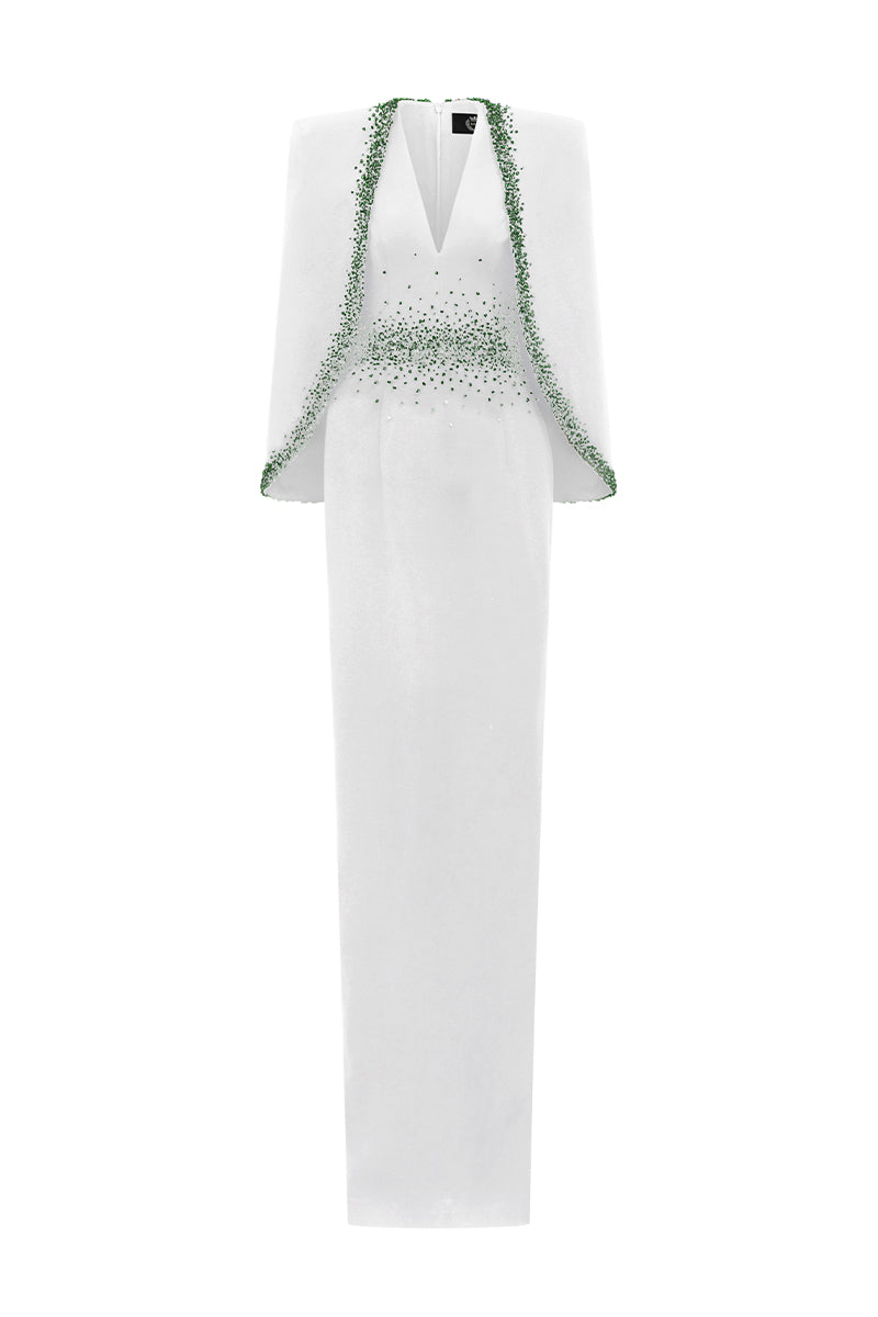 V-Neck Column Gown With Cape Sleeves In White