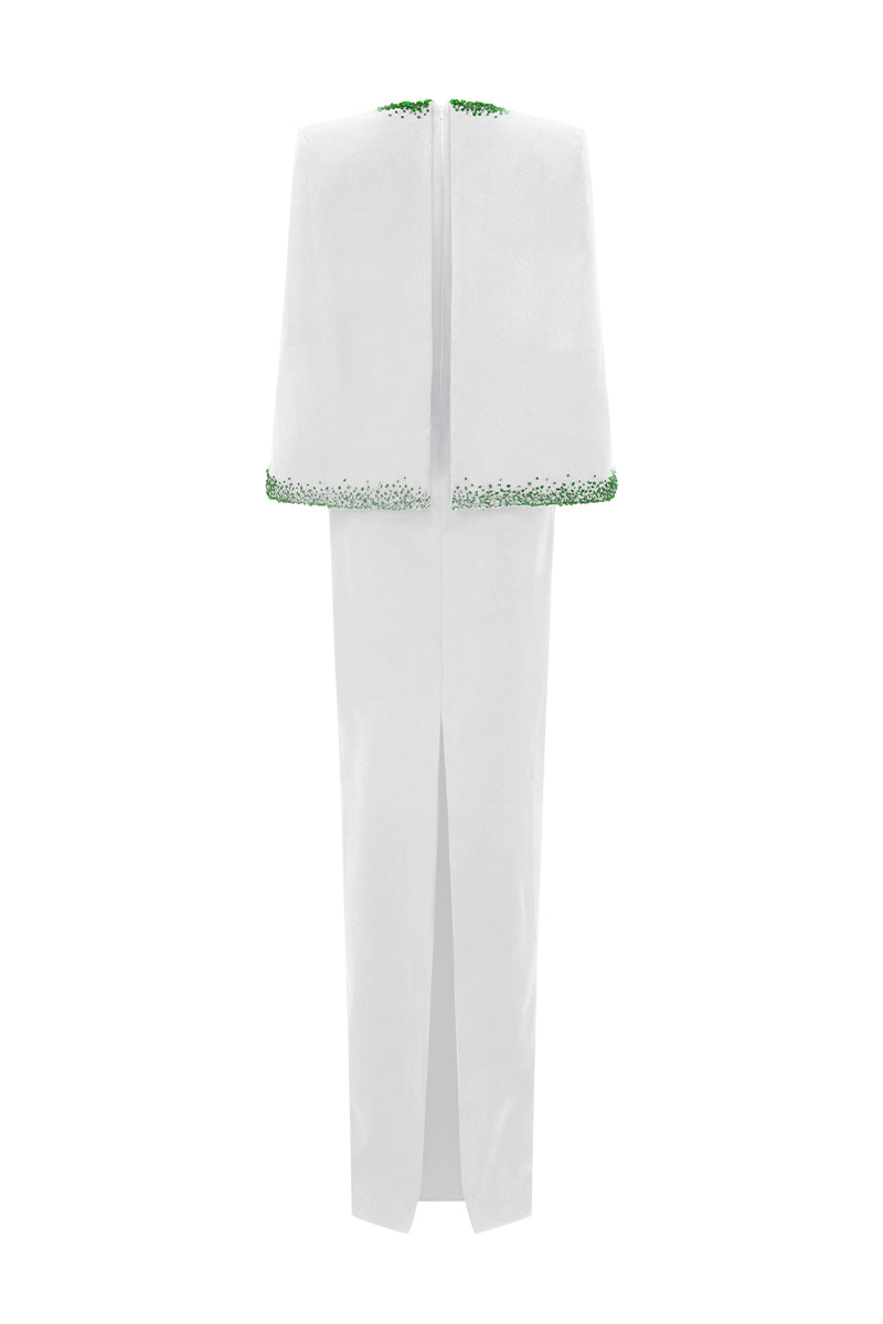 V-Neck Column Gown With Cape Sleeves In White