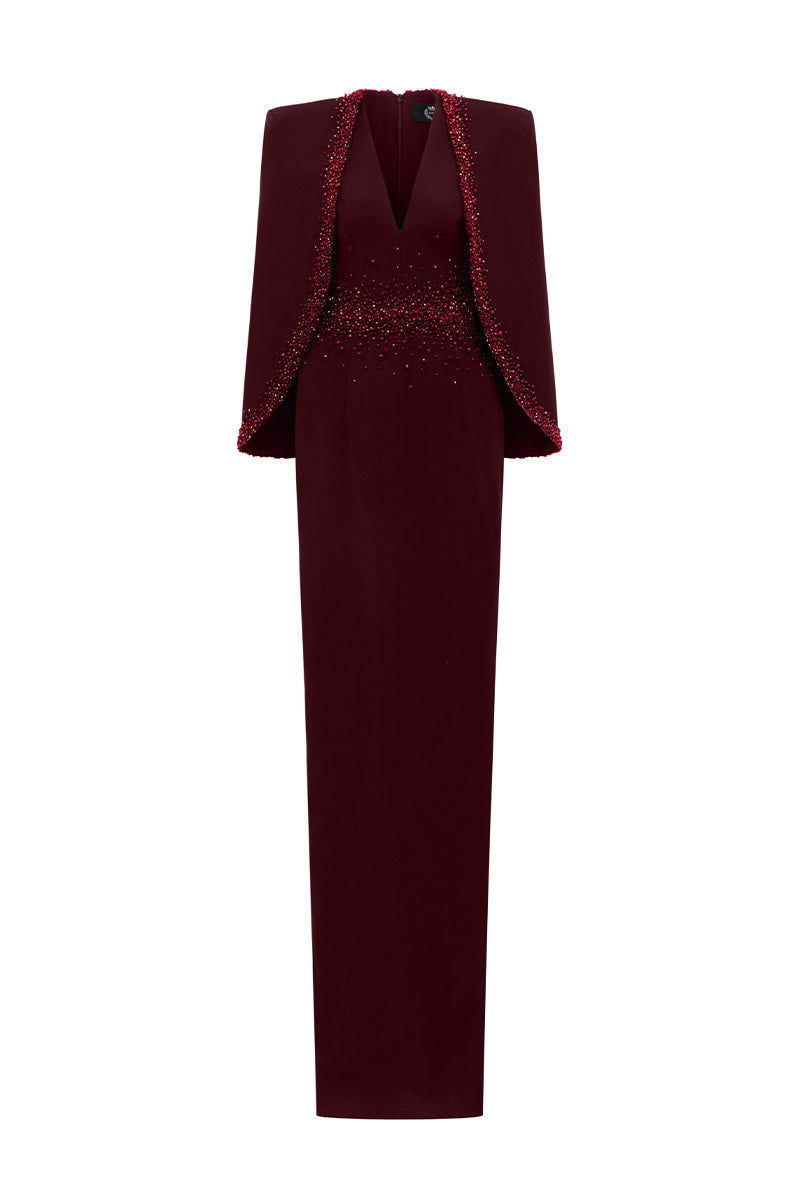 V-Neck Column Gown With Cape Sleeves In Red