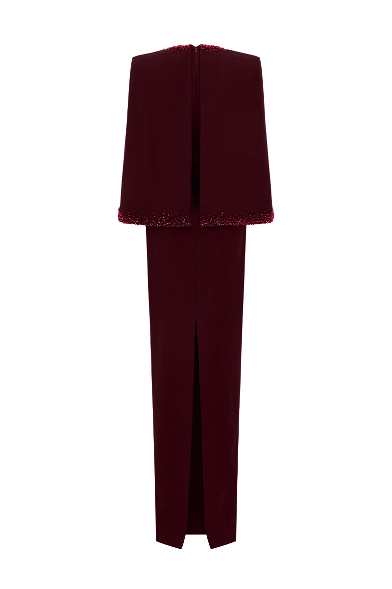 V-Neck Column Gown With Cape Sleeves In Red