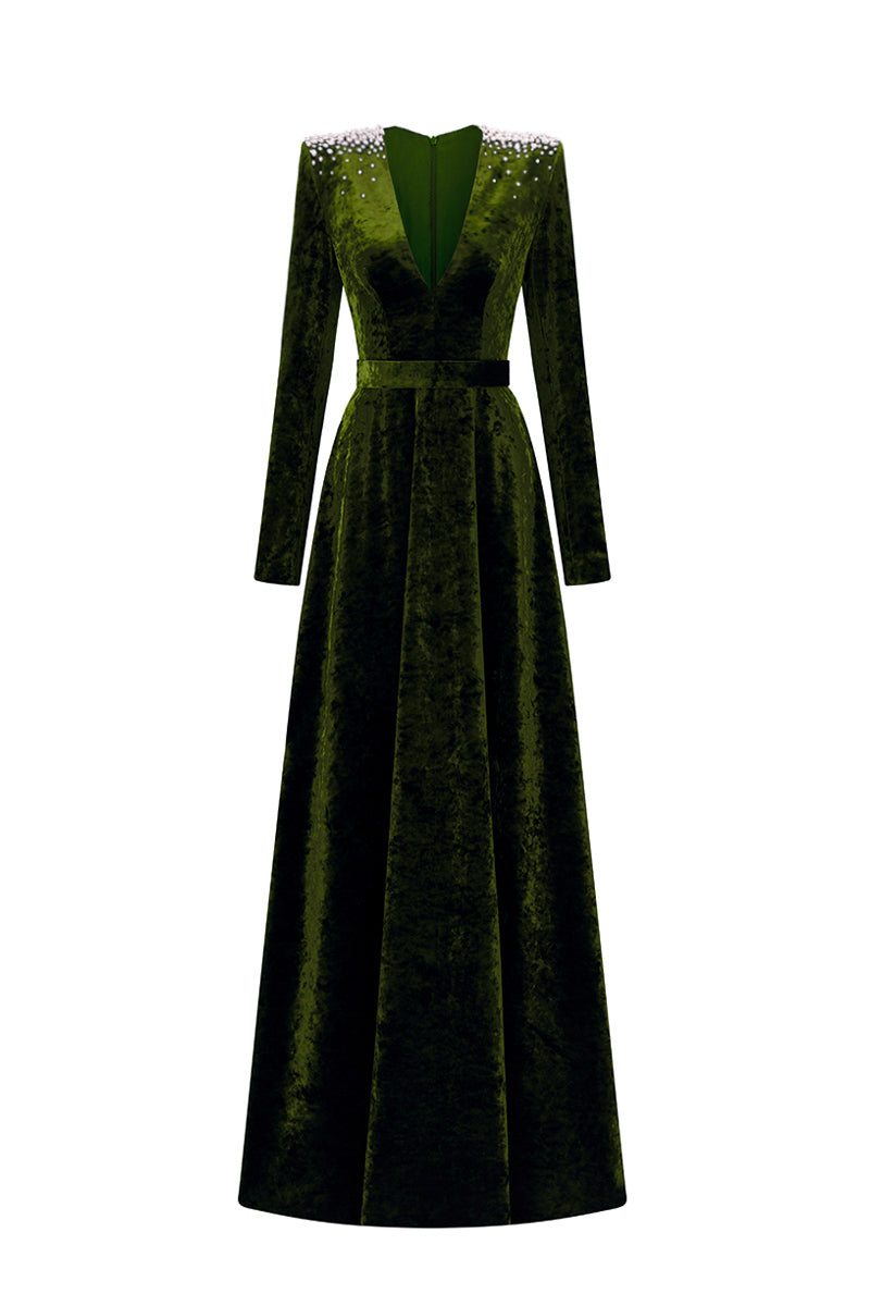 V-Neck A-Line Gown With Long Sleeves In Green Grain Velvet