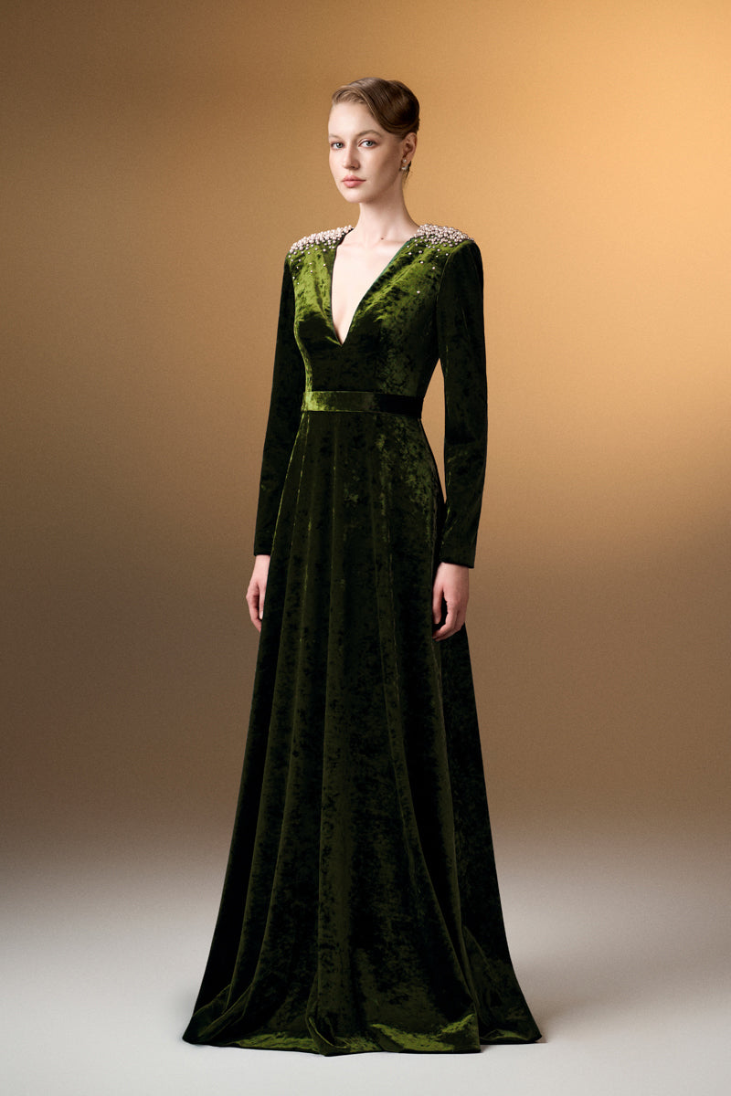 V-Neck A-Line Gown With Long Sleeves In Green Grain Velvet