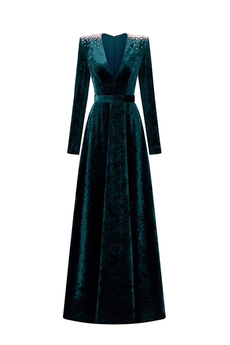V-Neck A-Line Gown With Long Sleeves In Dark Green Grain Velvet