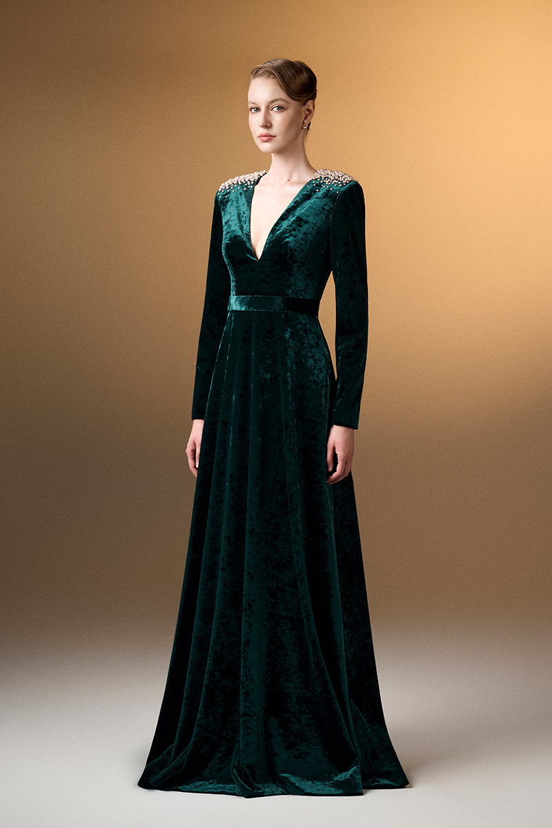 V-Neck A-Line Gown With Long Sleeves In Dark Green Grain Velvet