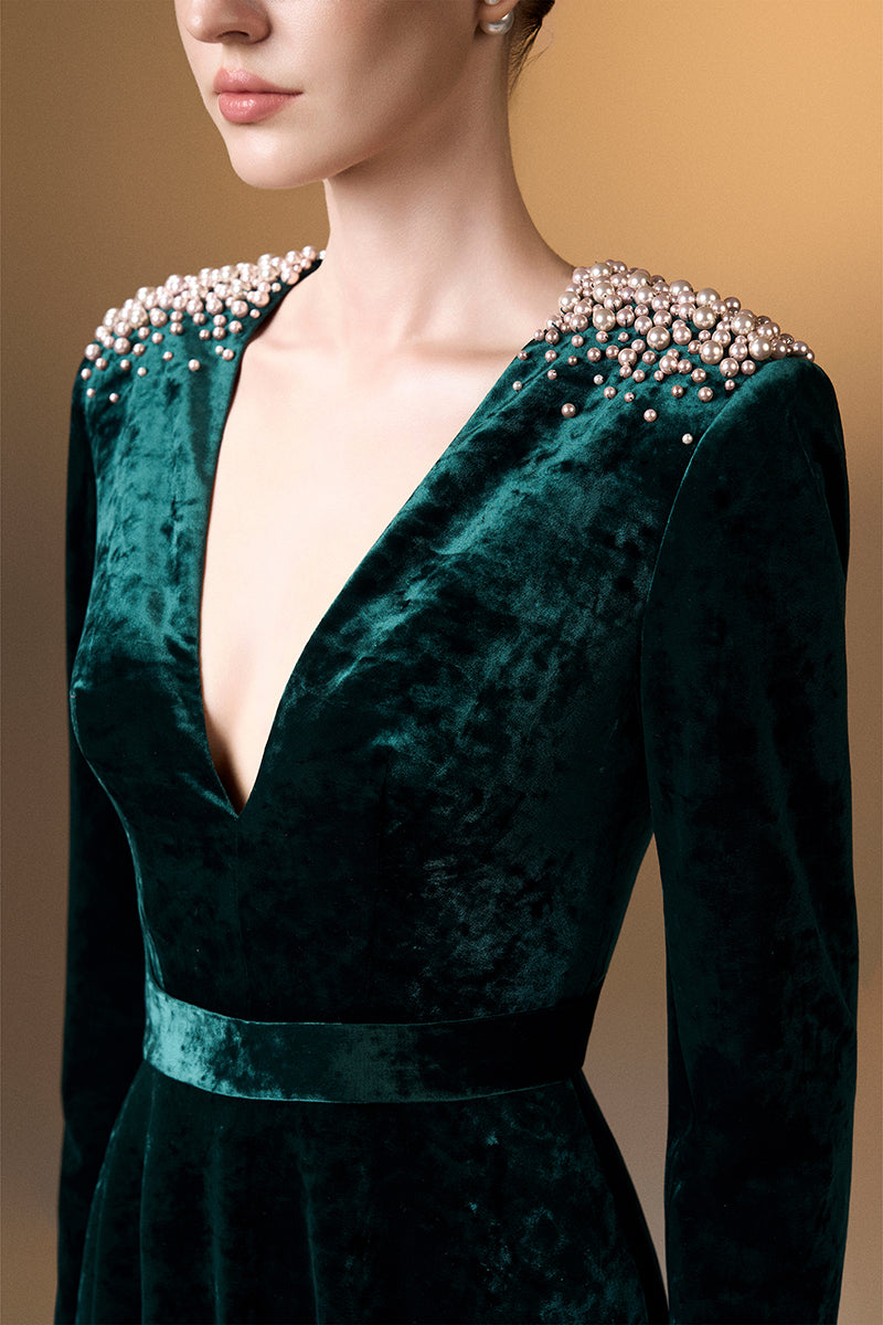 V-Neck A-Line Gown With Long Sleeves In Dark Green Grain Velvet