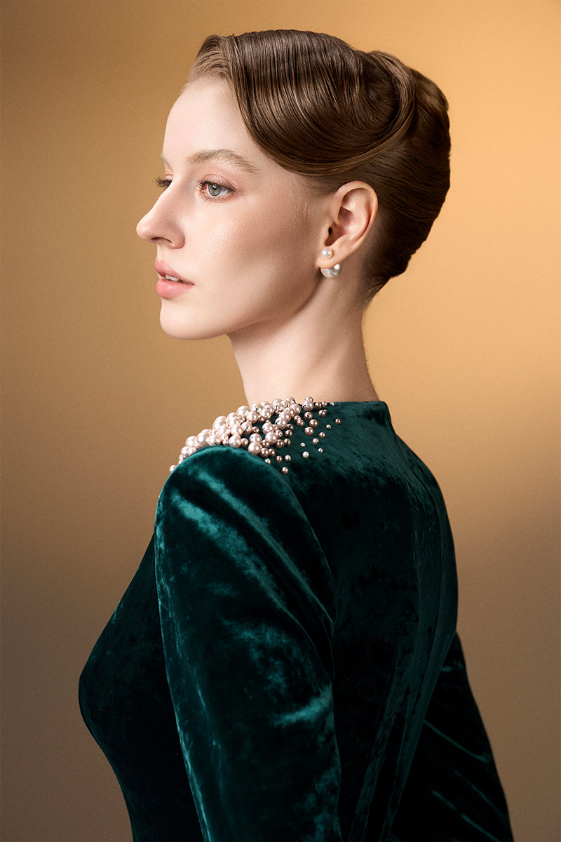 V-Neck A-Line Gown With Long Sleeves In Dark Green Grain Velvet
