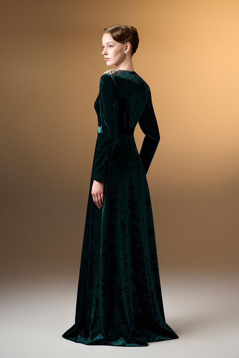 V-Neck A-Line Gown With Long Sleeves In Dark Green Grain Velvet