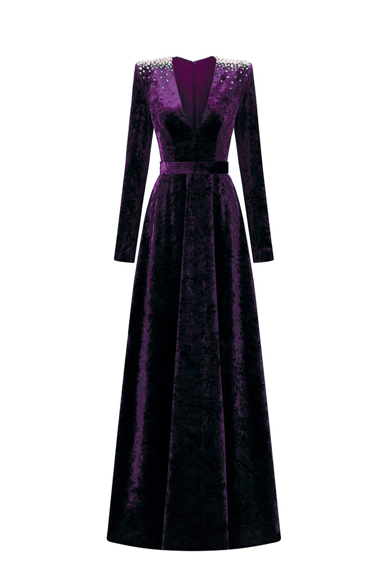 V-Neck A-Line Gown With Long Sleeves In Dark Purple Grain Velvet