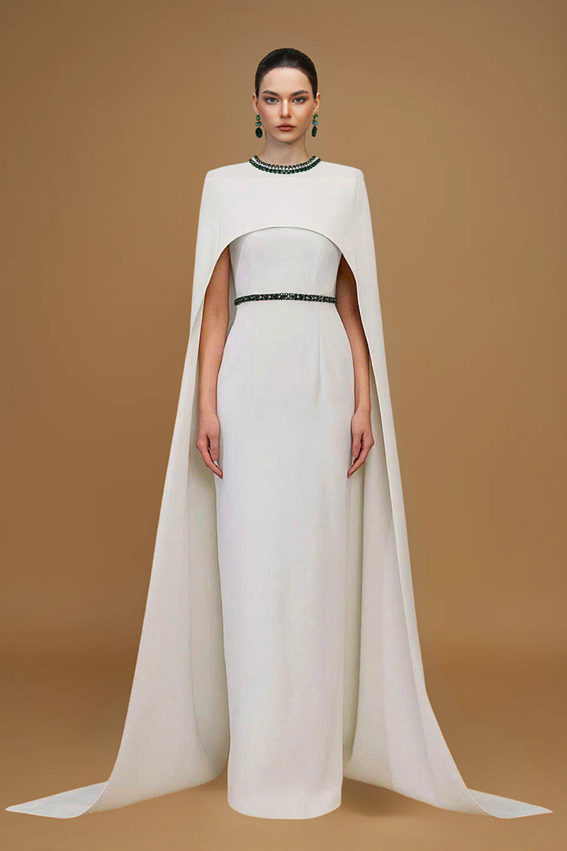 Round Neck Column Gown With Floor Length Cape Sleeves