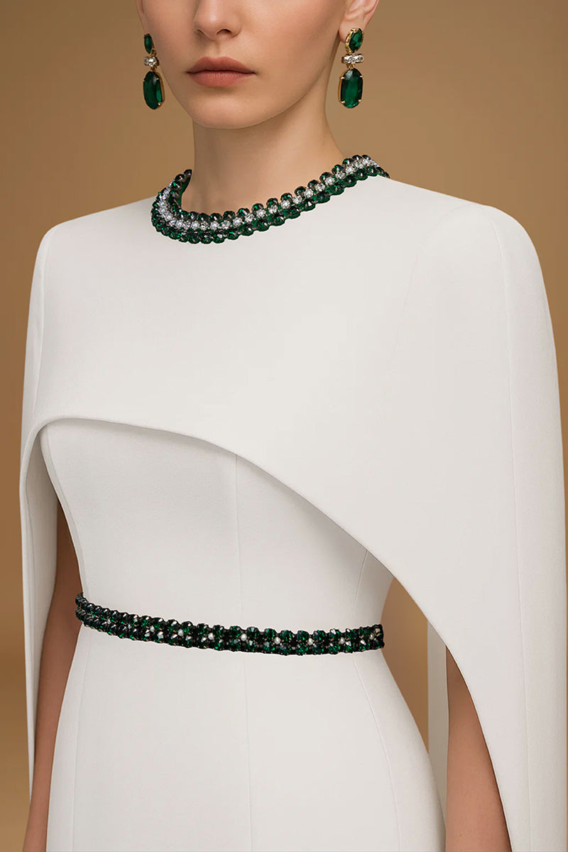 Round Neck Column Gown With Floor Length Cape Sleeves
