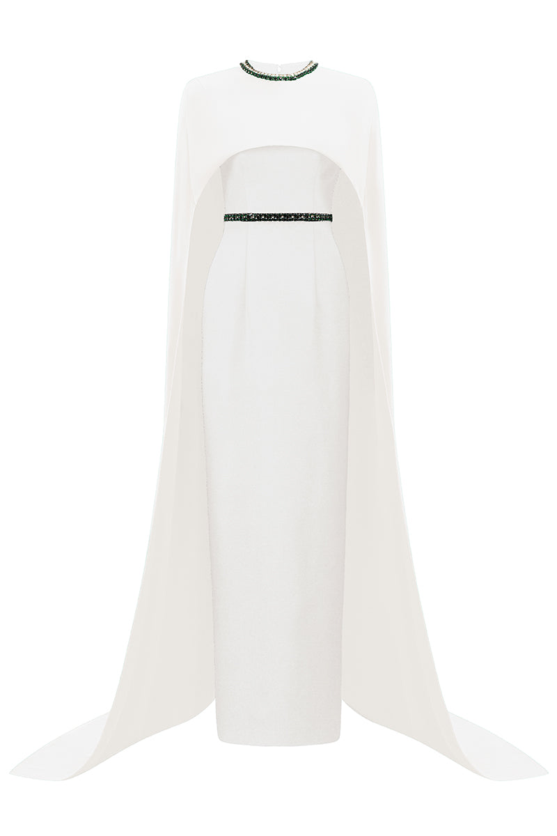 Round Neck Column Gown With Floor Length Cape Sleeves