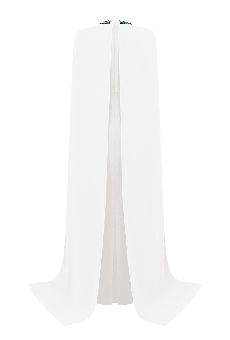 Round Neck Column Gown With Floor Length Cape Sleeves