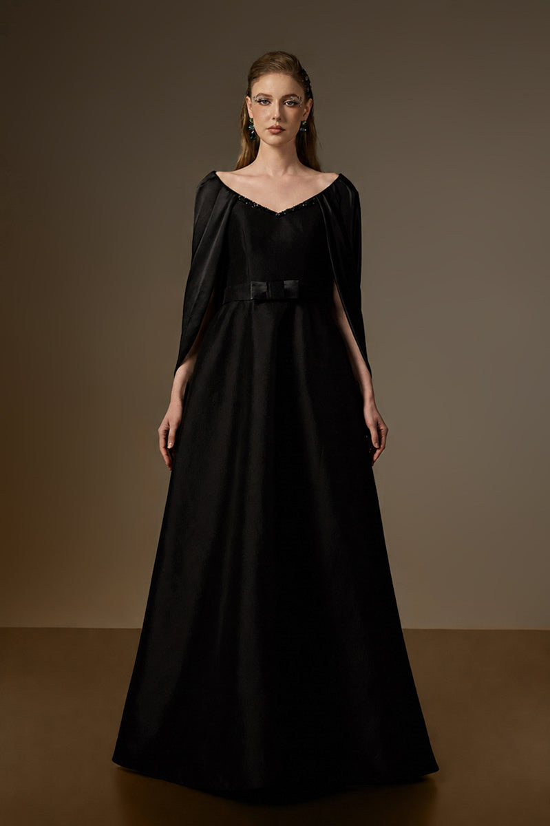 V Neck A-Line Gown With Draped Details In Black Taffeta And Satin Silk
