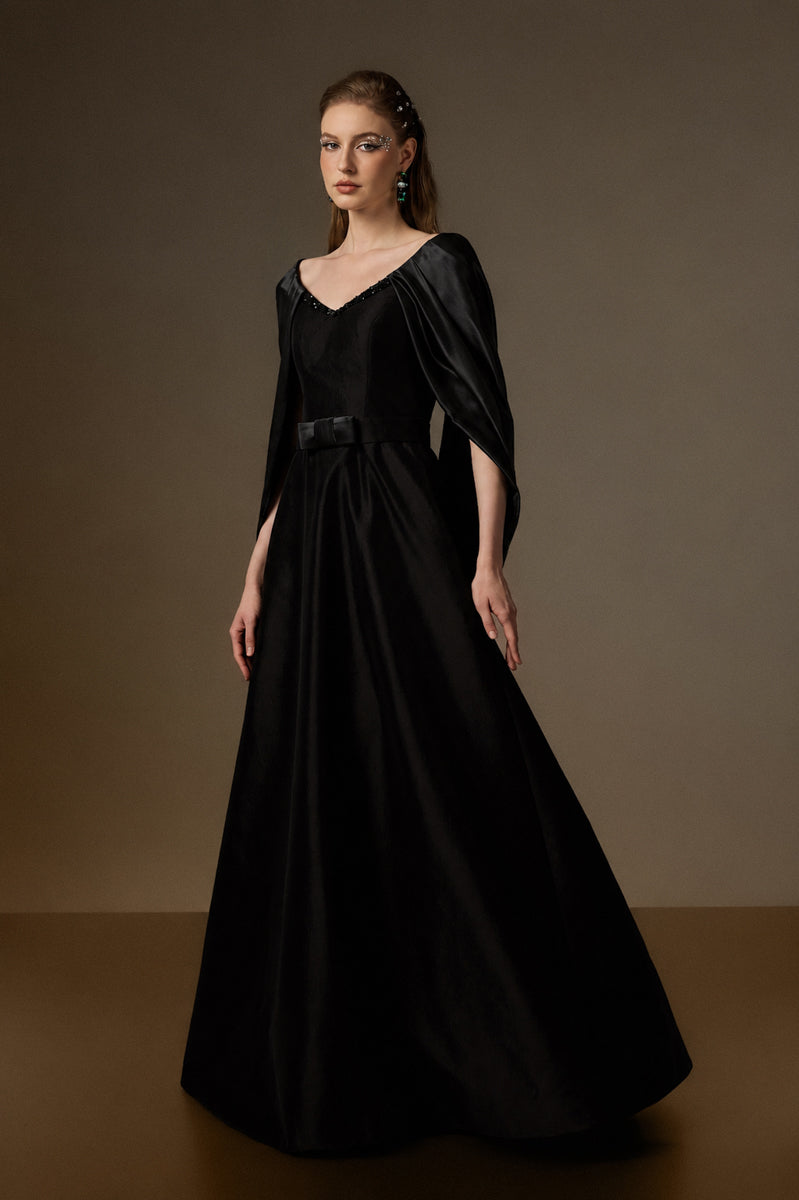 V Neck A-Line Gown With Draped Details In Black Taffeta And Satin Silk