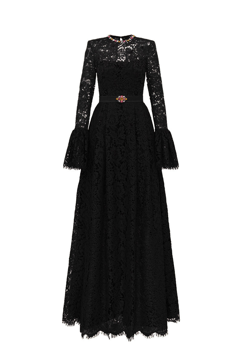 Round Neck A-Line Gown With Ruffle Long Sleeves In Black French Lace