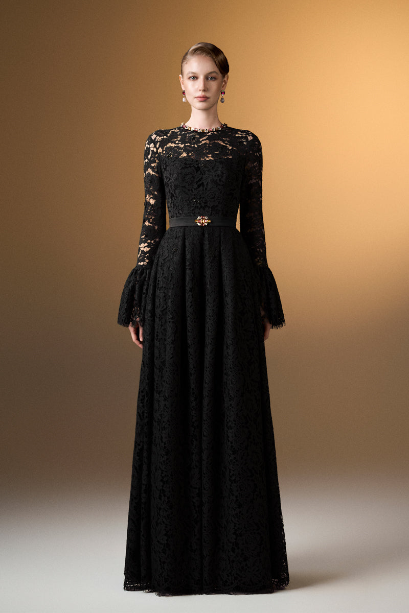 Round Neck A-Line Gown With Ruffle Long Sleeves In Black French Lace