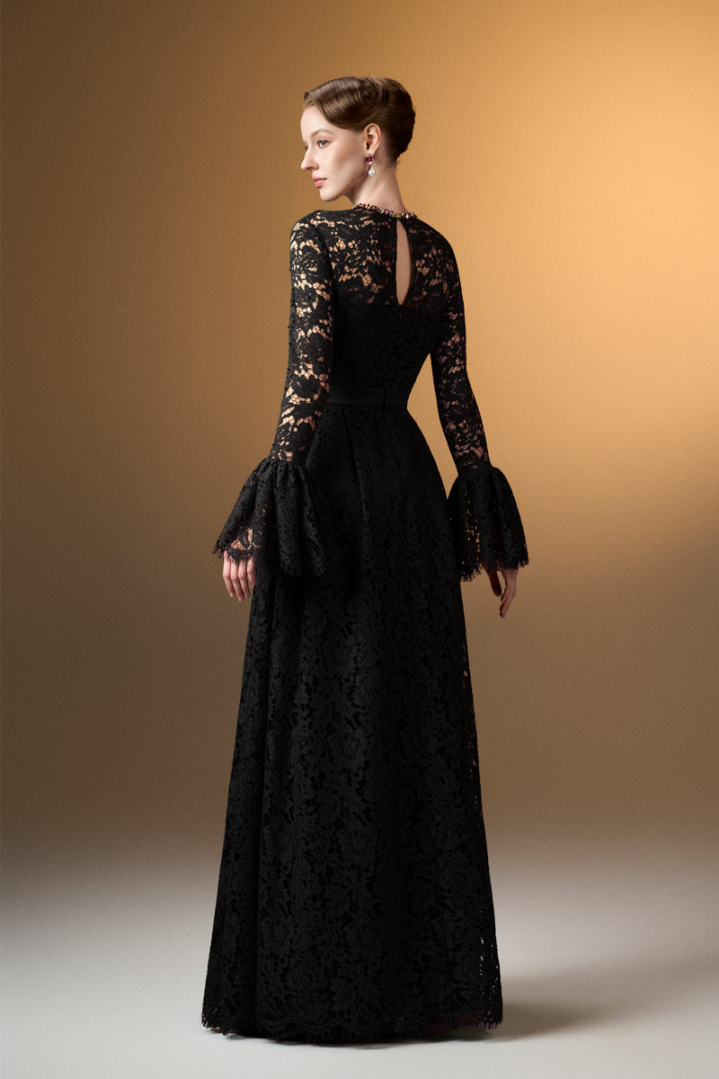 Round Neck A-Line Gown With Ruffle Long Sleeves In Black French Lace