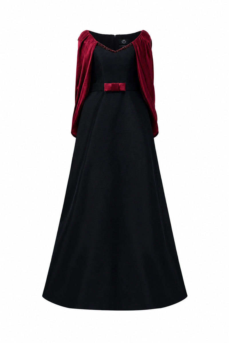 V Neck A-Line Gown With Draped Details In Black Taffeta And Dark Red Satin Silk