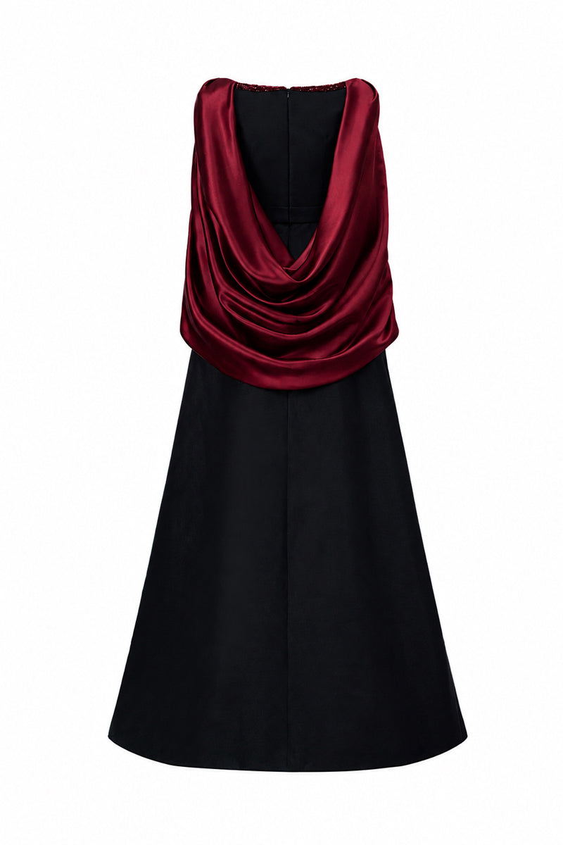 V Neck A-Line Gown With Draped Details In Black Taffeta And Dark Red Satin Silk