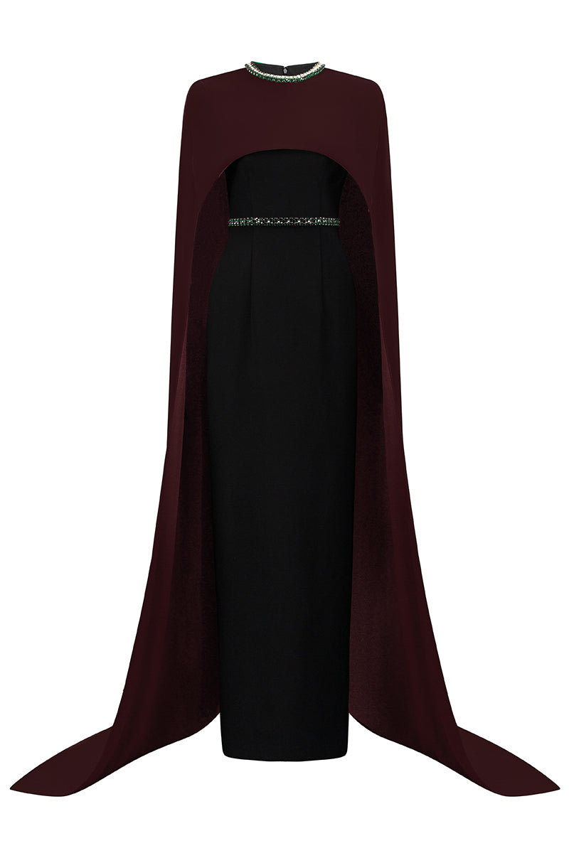 Round Neck Column Gown With Floor Length Cape Sleeves