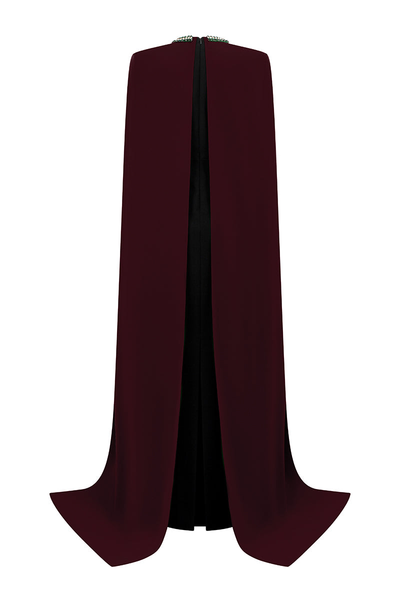 Round Neck Column Gown With Floor Length Cape Sleeves