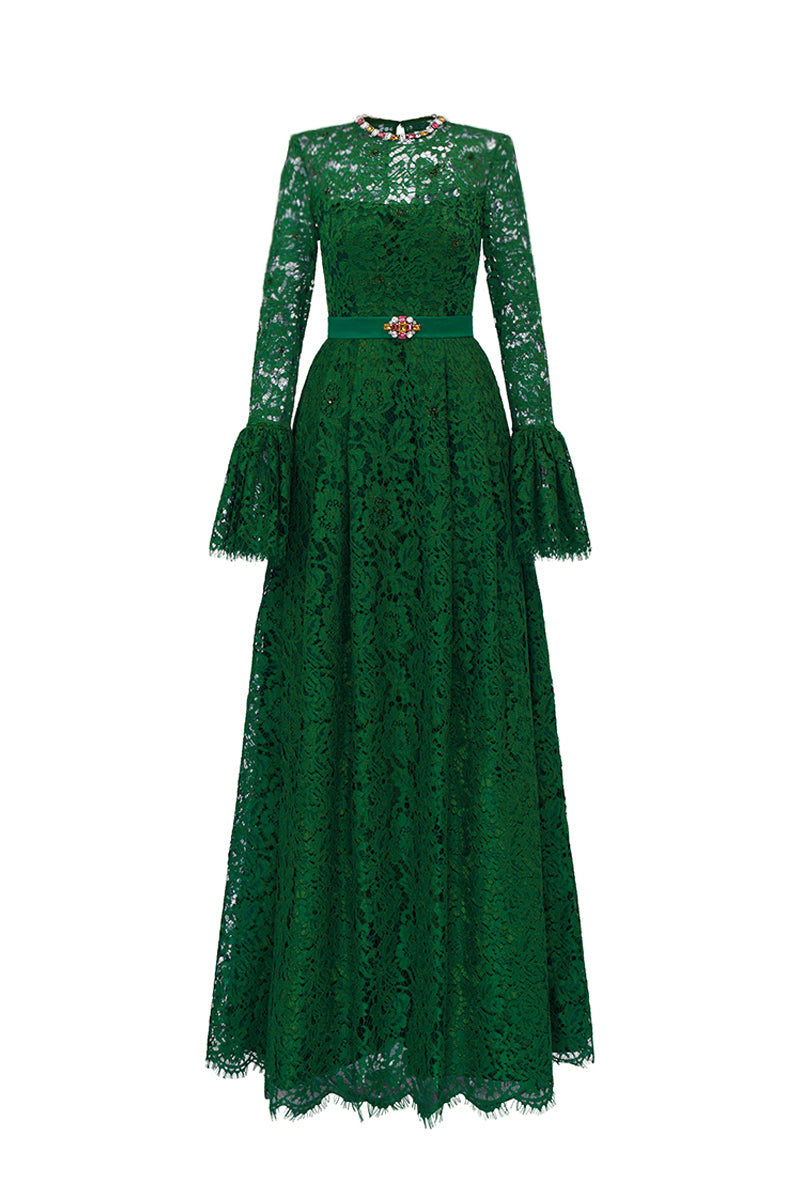 Round Neck A-Line Gown With Ruffle Long Sleeves In Green French Lace