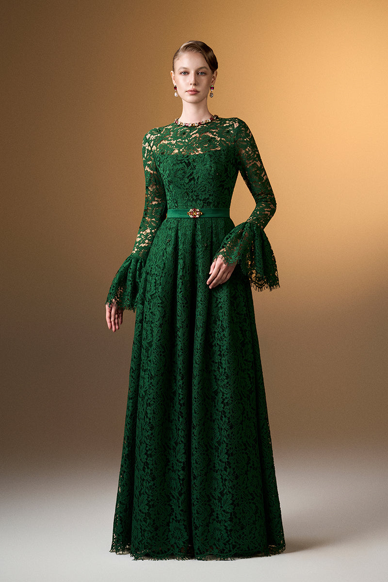 Round Neck A-Line Gown With Ruffle Long Sleeves In Green French Lace