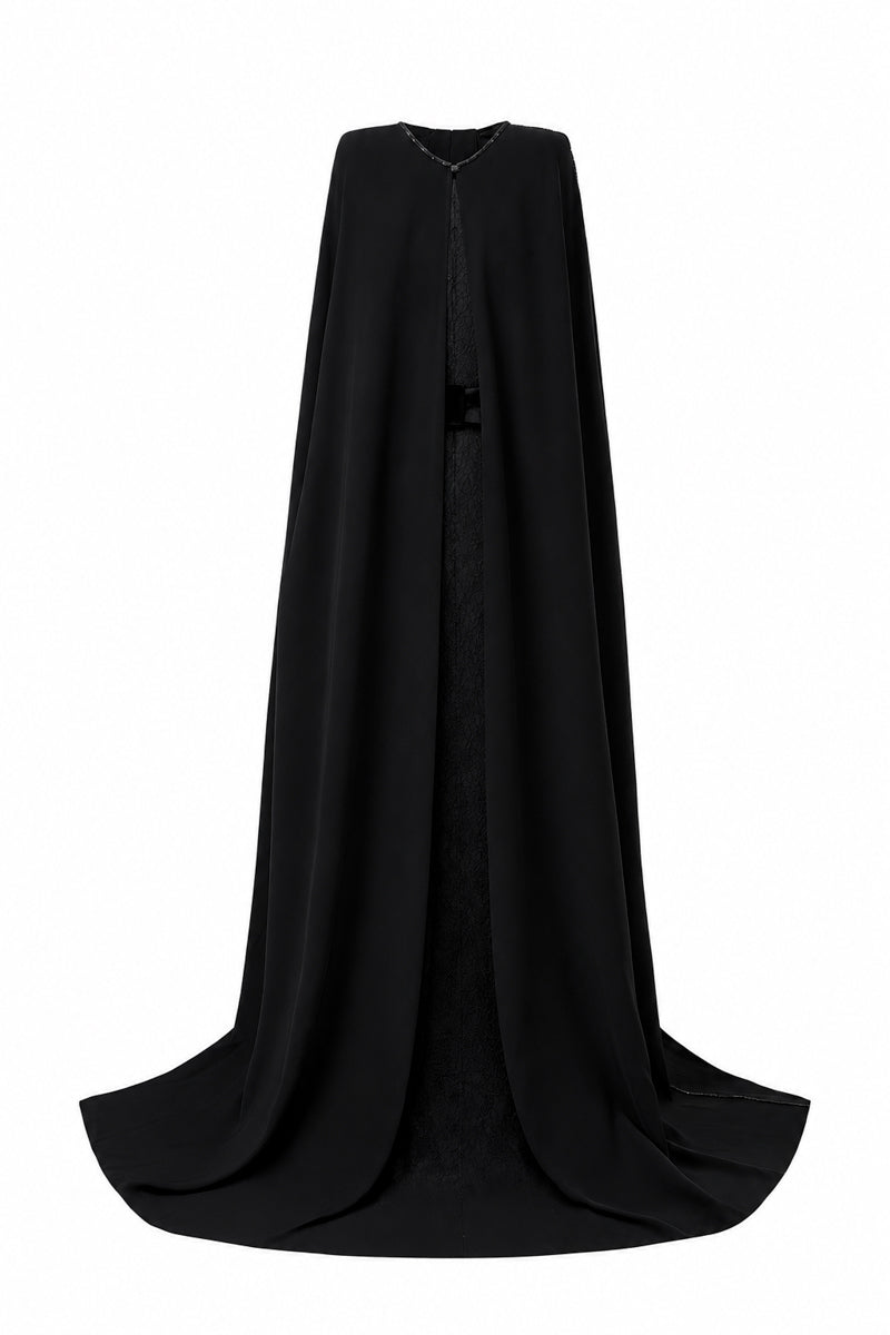 Bustier Column Gown With Long Cape In Black Vine Guipure Lace & Crepe