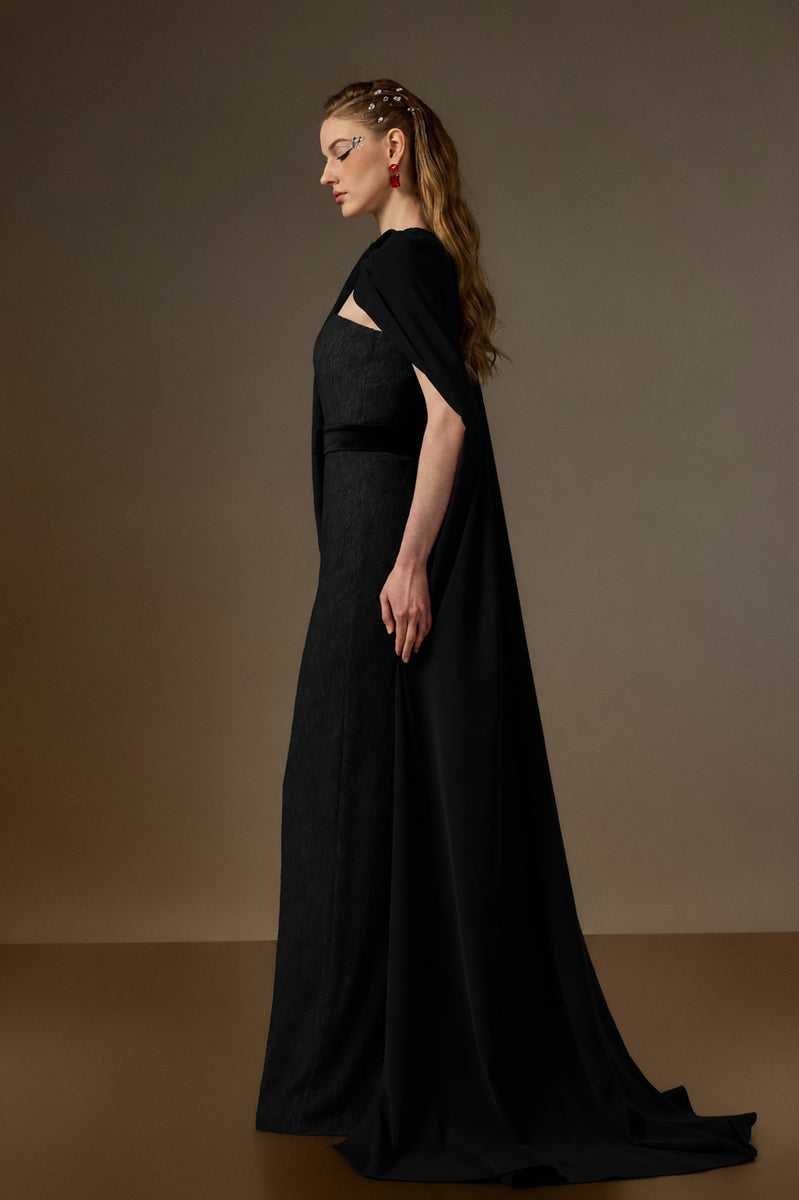Bustier Column Gown With Long Cape In Black Vine Guipure Lace & Crepe
