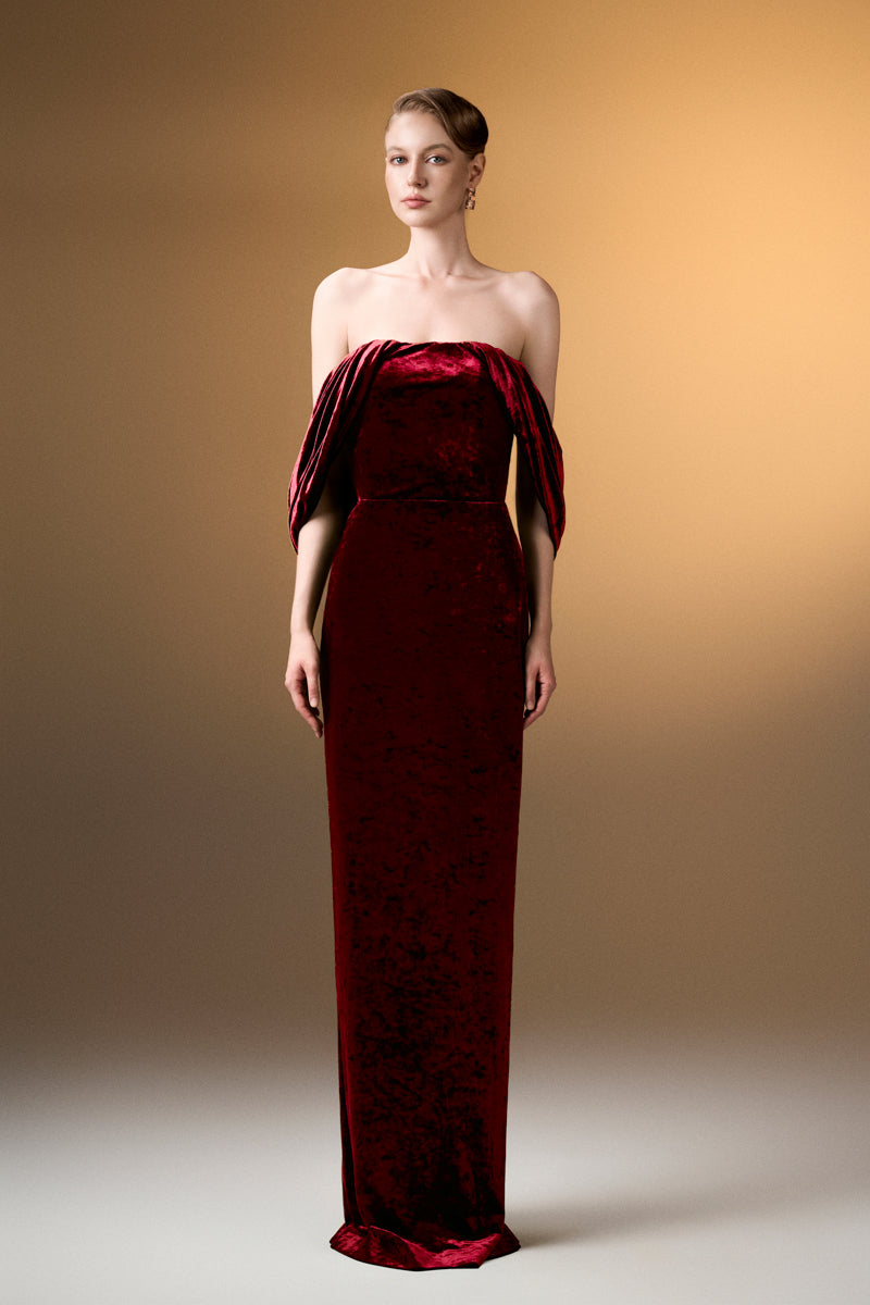 Strapless Column Dress With Pleated Sleeves In Dark Red Grain Velvet