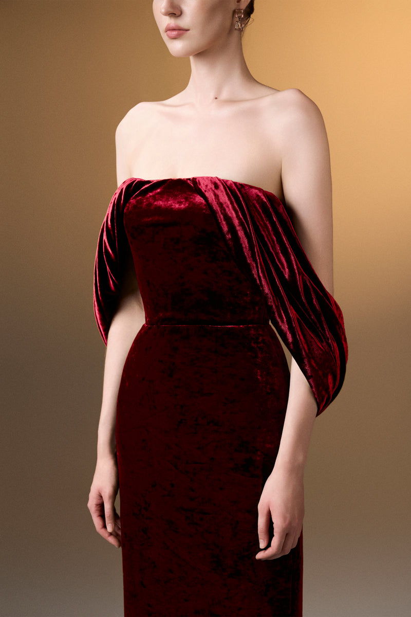 Strapless Column Dress With Pleated Sleeves In Dark Red Grain Velvet