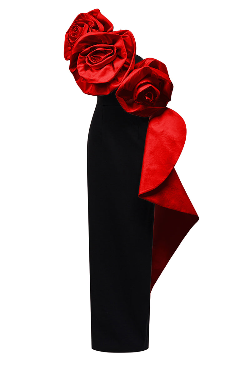 Sleeveless One Shoulder Column Gown With Draped Roses Across Neckline