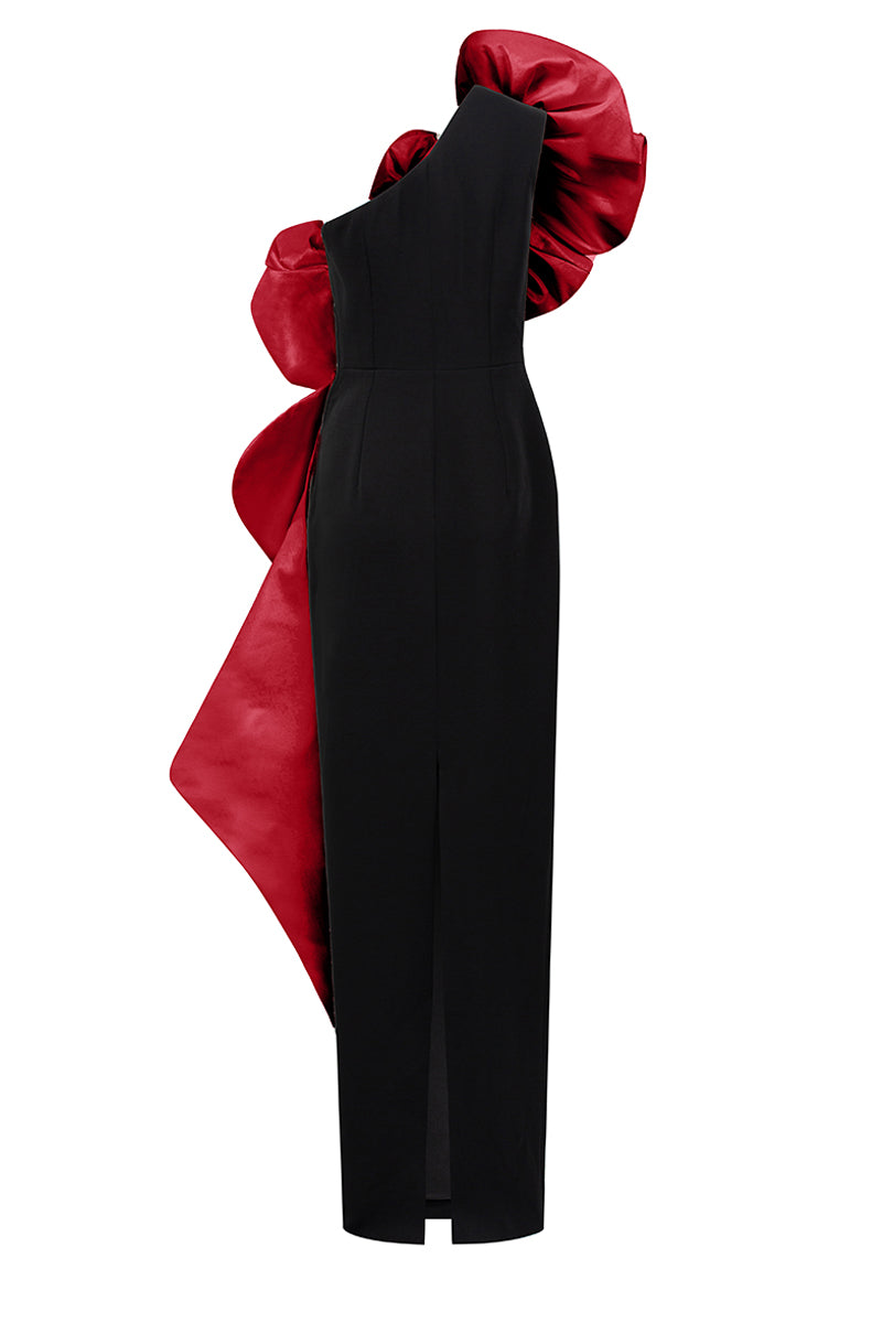 Sleeveless One Shoulder Column Gown With Draped Roses Across Neckline