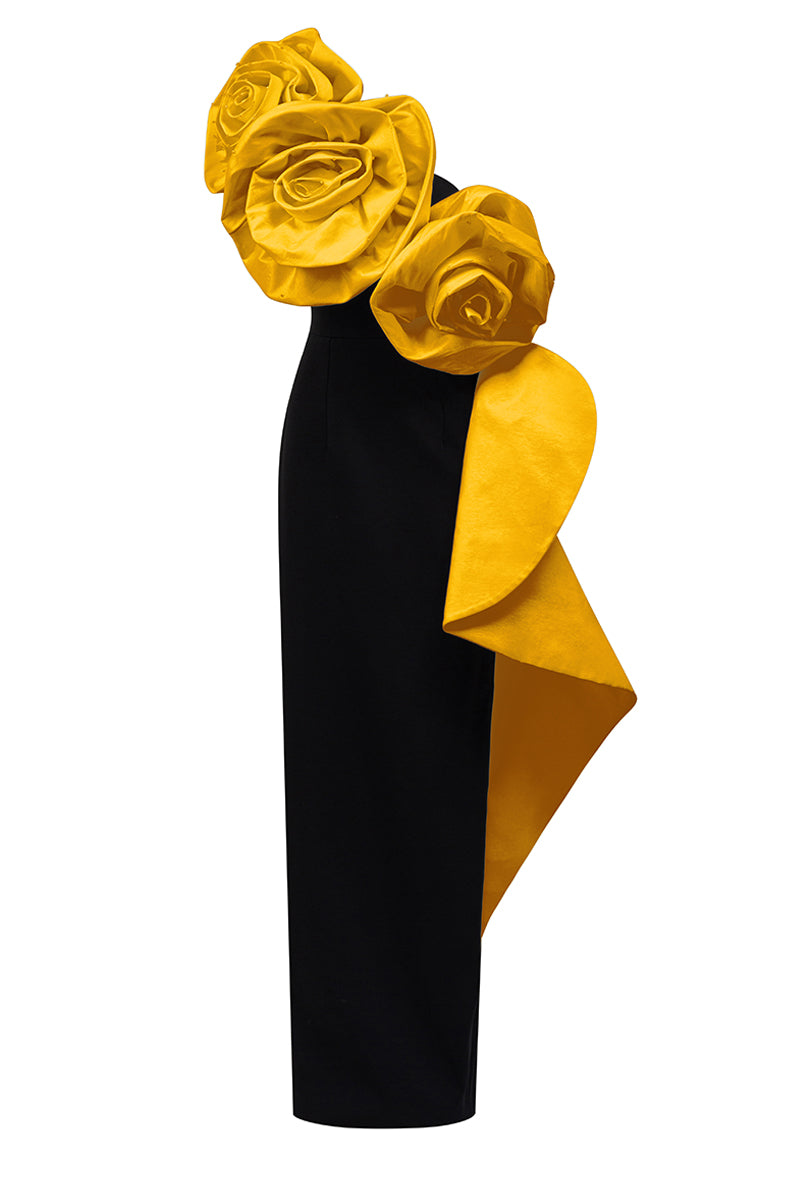 Sleeveless One Shoulder Column Gown With Draped Roses Across Neckline