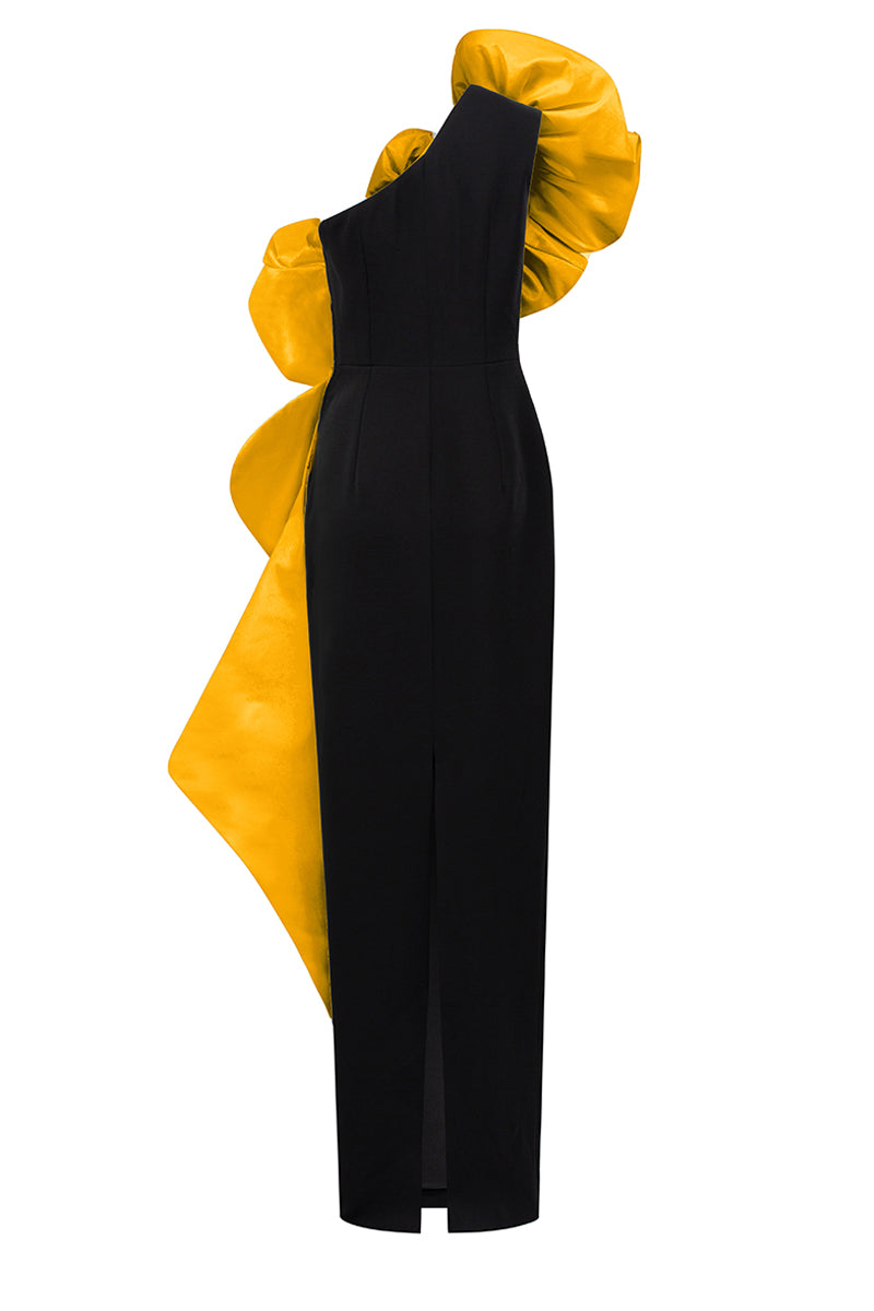 Sleeveless One Shoulder Column Gown With Draped Roses Across Neckline