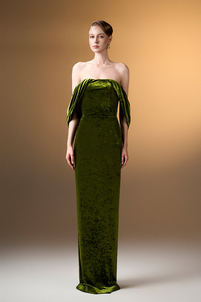 Strapless Column Dress With Pleated Sleeves In Green Grain Velvet