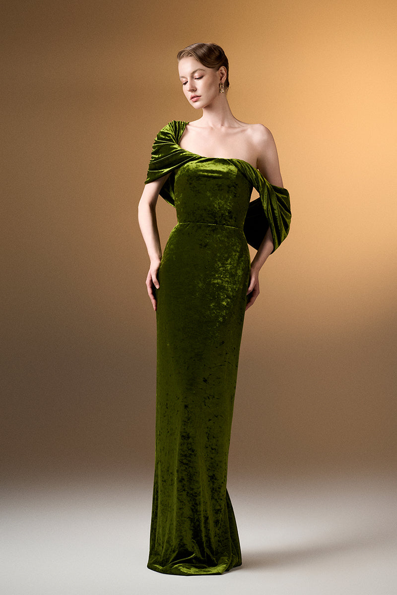 Strapless Column Dress With Pleated Sleeves In Green Grain Velvet