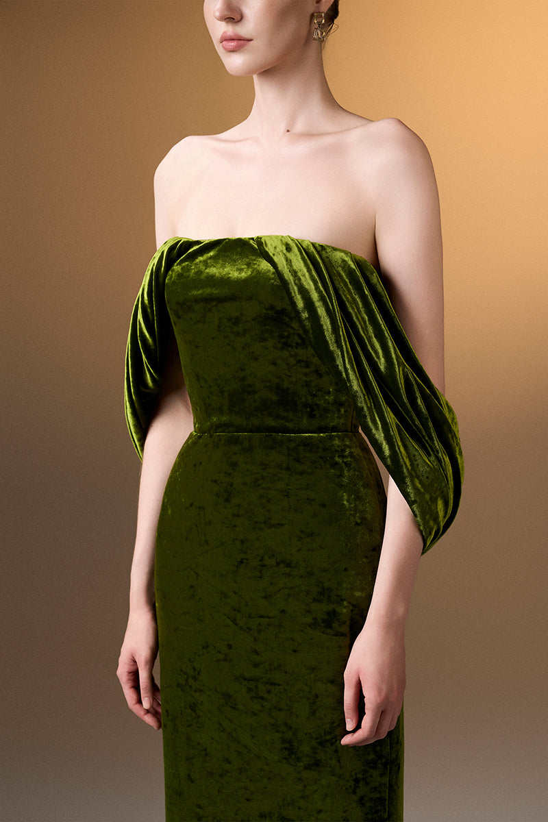 Strapless Column Dress With Pleated Sleeves In Green Grain Velvet