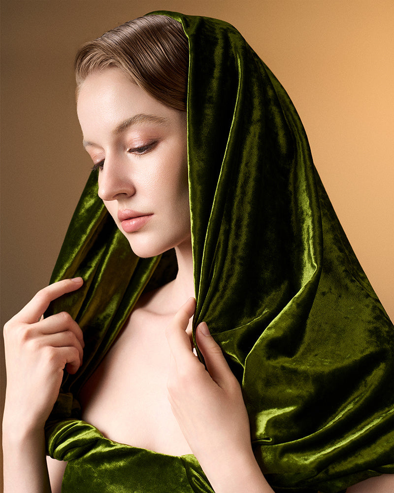 Strapless Column Dress With Pleated Sleeves In Green Grain Velvet