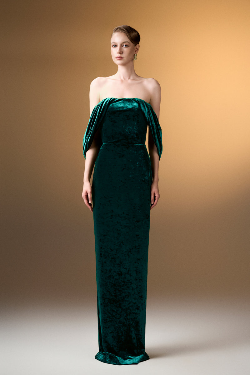 Strapless Column Dress With Pleated Sleeves In Dark Green Grain Velvet