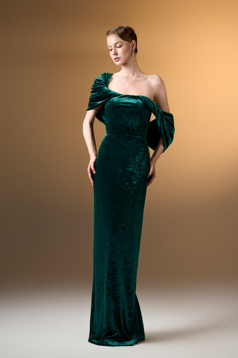 Strapless Column Dress With Pleated Sleeves In Dark Green Grain Velvet