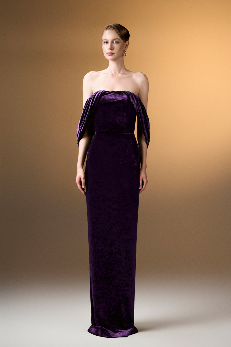 Strapless Column Dress With Pleated Sleeves In Dark Purple Grain Velvet
