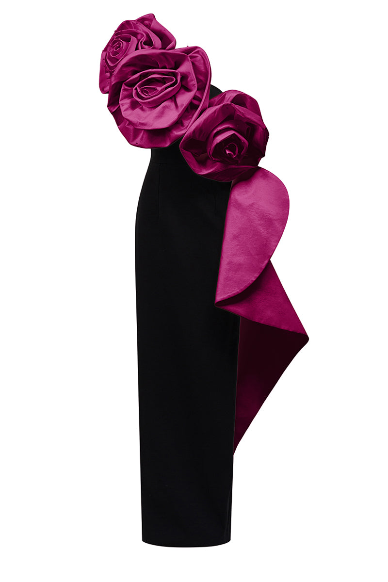 Sleeveless One Shoulder Column Gown With Draped Roses Across Neckline
